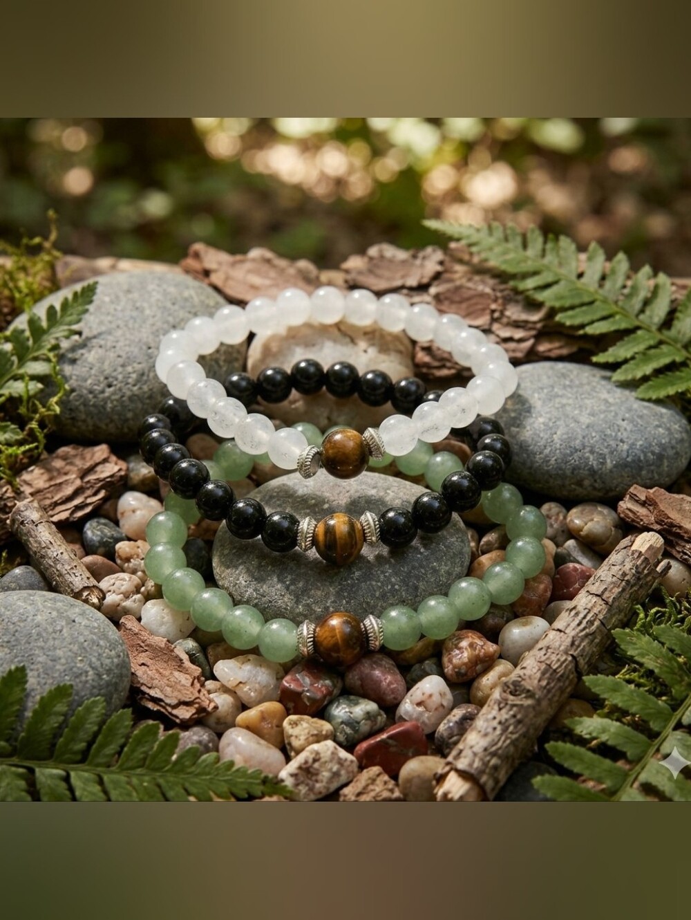 3pc Glass Bead Stretch Bracelet Stack  - 8mm with Natural Tiger's Eye